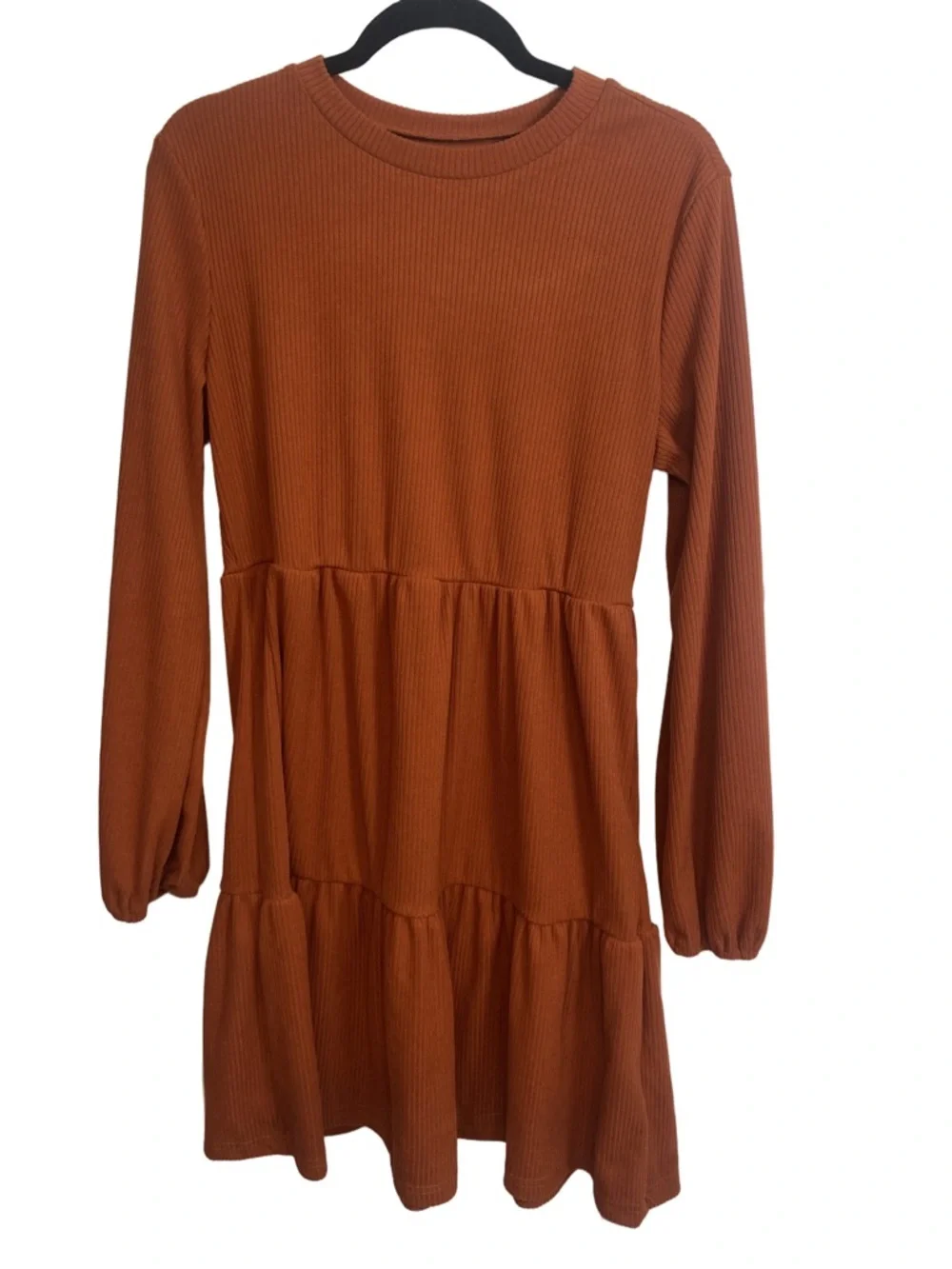 Cupshe Rust Orange Ribbed Long Sleeve Tiered Babydoll Mini Dress NWT - Picture 2 of 5